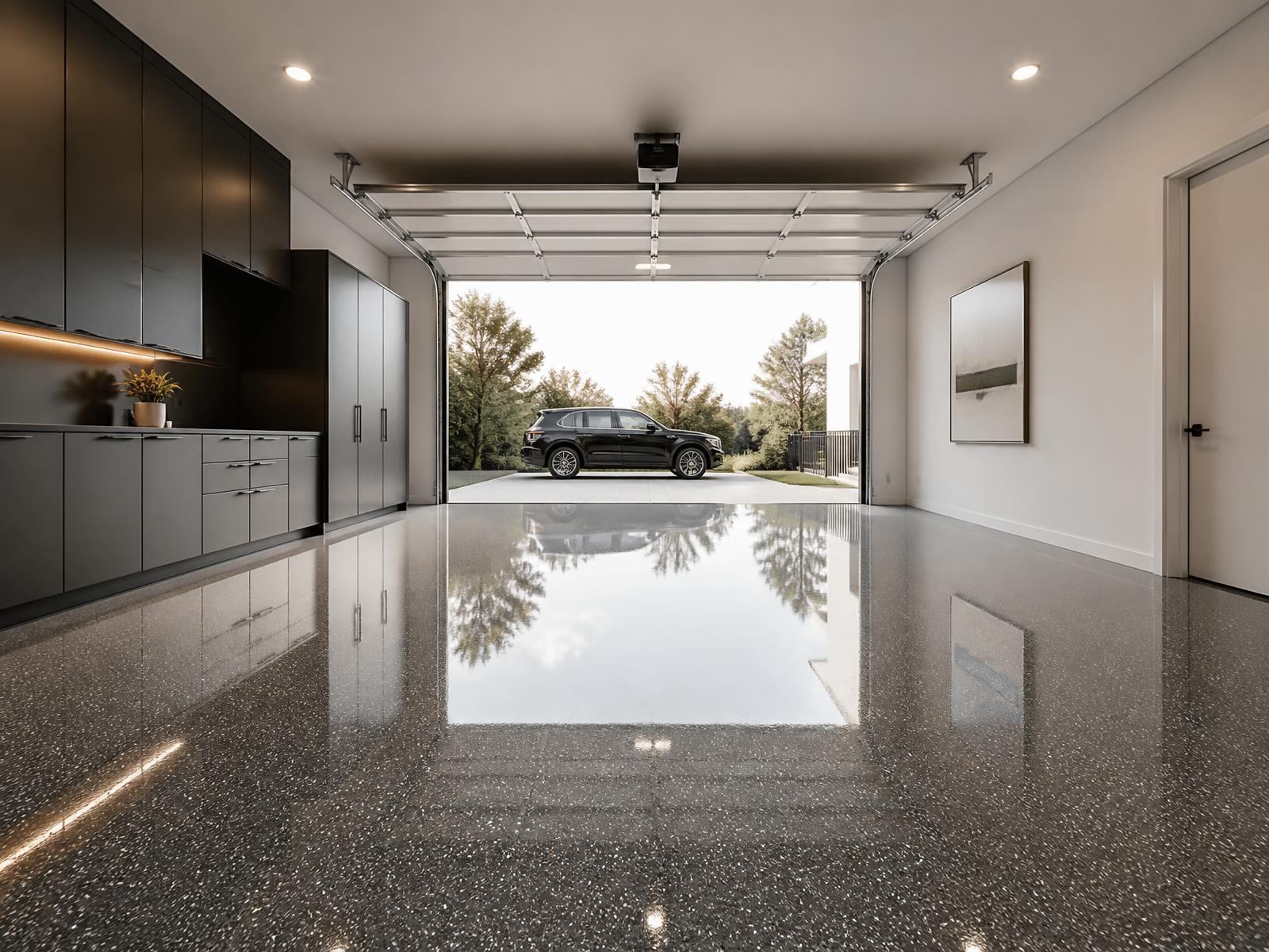 Residential garage with a glossy grey flake floor coating